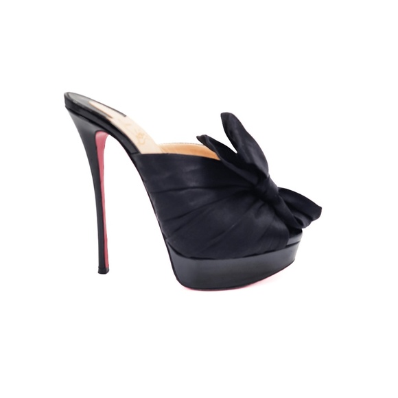 Christian Louboutin Black Patent Leather Satin Bow Platform Mule Heels EU 36.5 - Picture 1 of 9